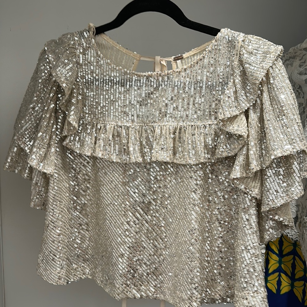 Free People Women's sequin ruffled blouse with tie